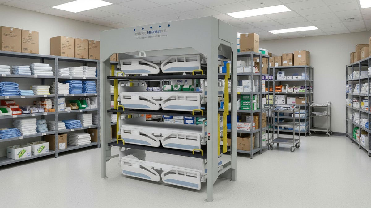 Hospital supply room with high-density storage system organizing medical supplies and equipment.