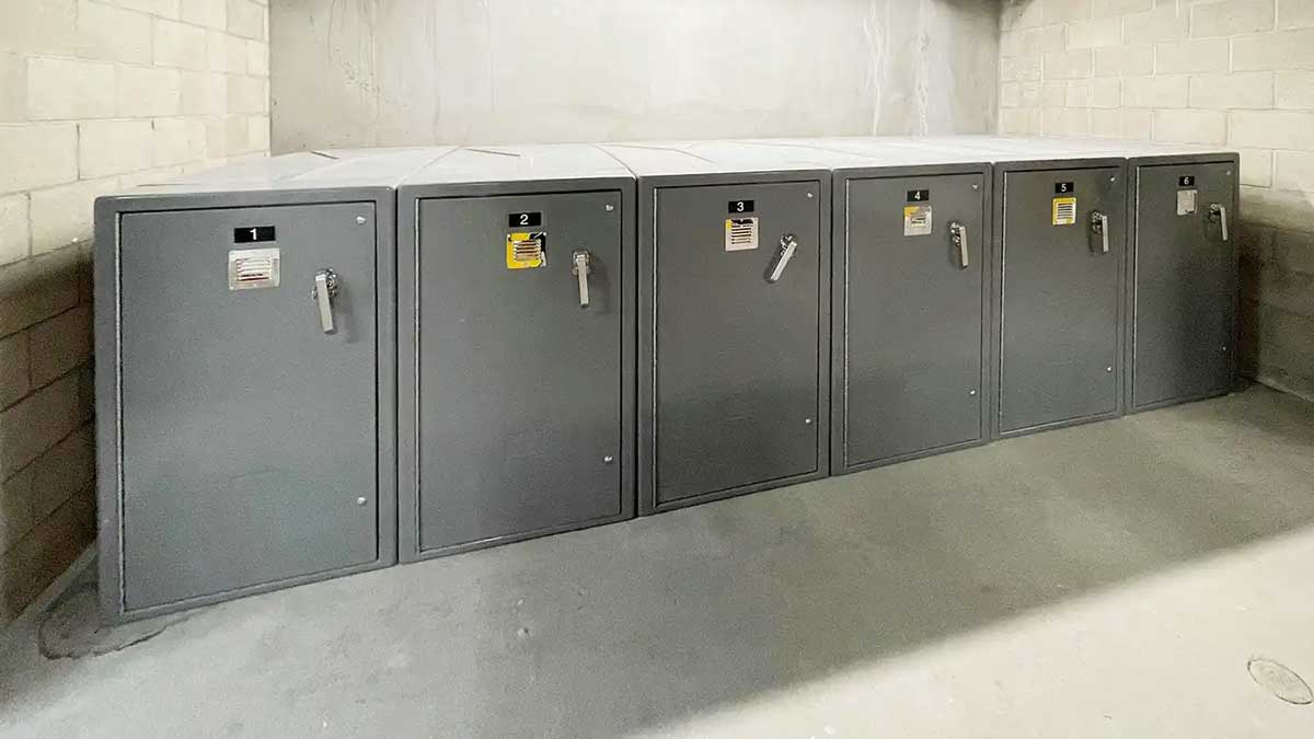 bike locker 350 series indoor installation showing row of secure storage compartments