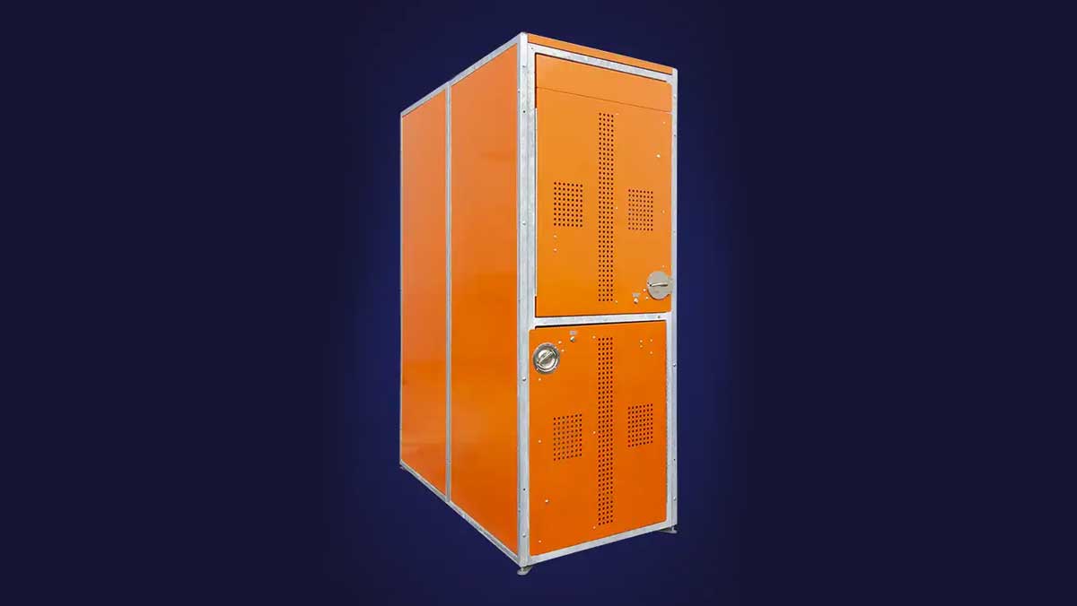 Front view of two-tier bike locker compartments showing upper and lower storage doors.