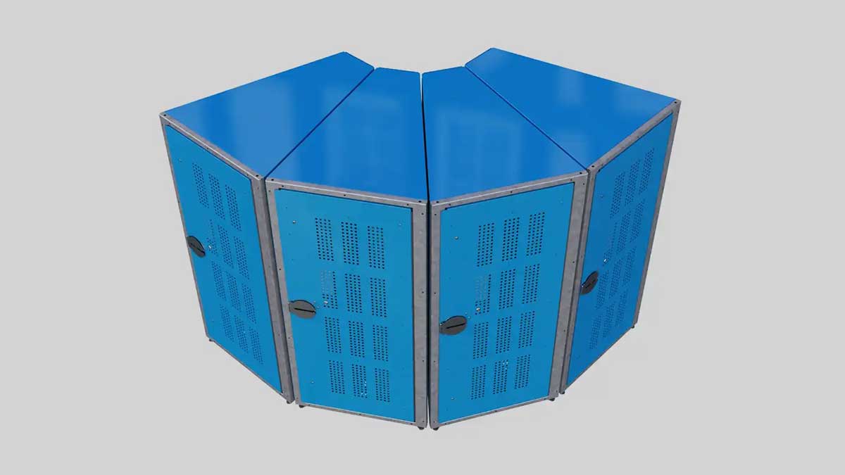 vertical bike lockers arranged in arc configuration for space efficient parking