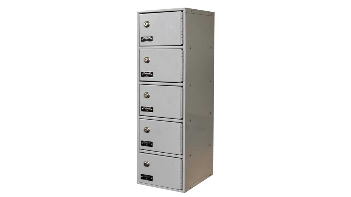 compact 5-door wall-mounted phone locker for secure device storage in classrooms or offices