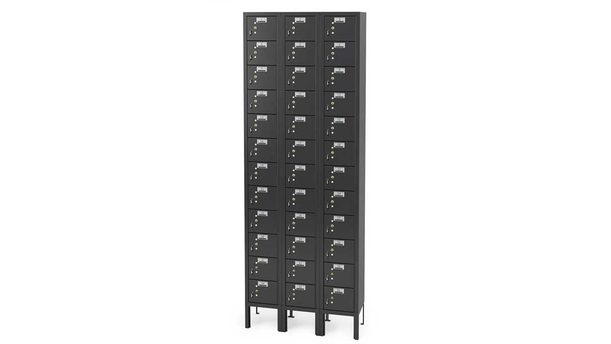 freestanding cell phone locker with 50 compartments and legs for school use