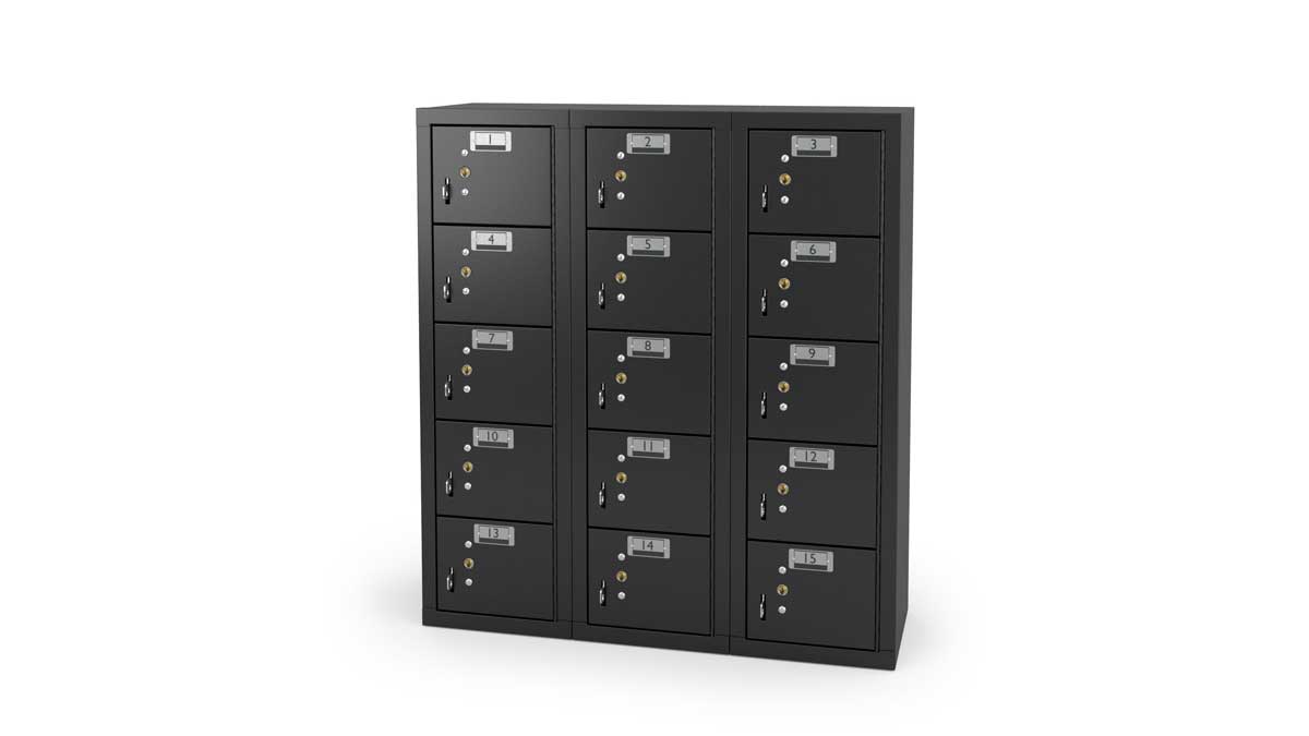 15-door cell phone locker with key locks for secure phone storage in school settings