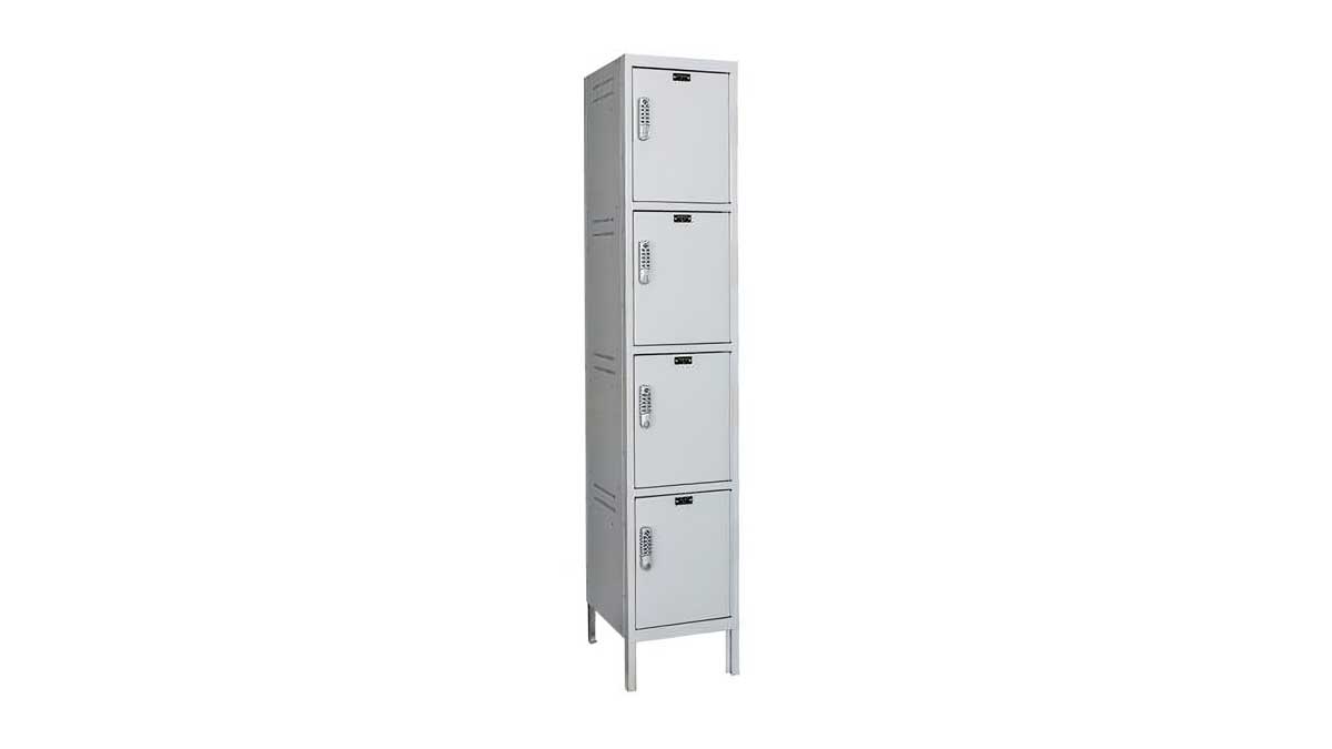 tall 4-door charging locker with combination locks for controlled access in school environments