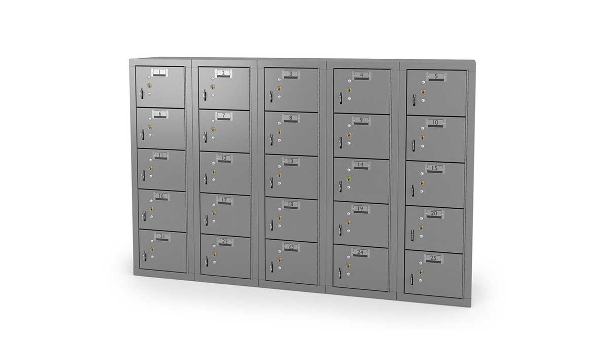 25-compartment cell phone locker cabinet with keyed doors