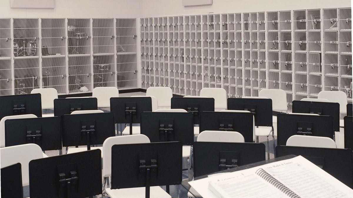 Music classroom with rows of white wire instrument storage lockers and student music stands