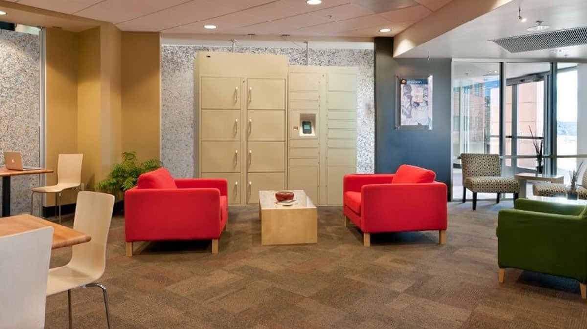 Smart Locker System in Modern Corporate Office Lounge