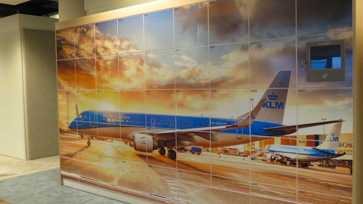 Branded smart lockers with airplane graphic