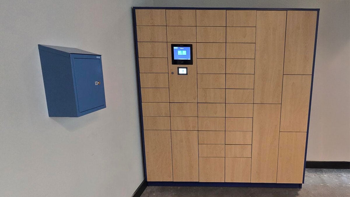 Touchscreen Smart Locker System with Blue Framed Compartments