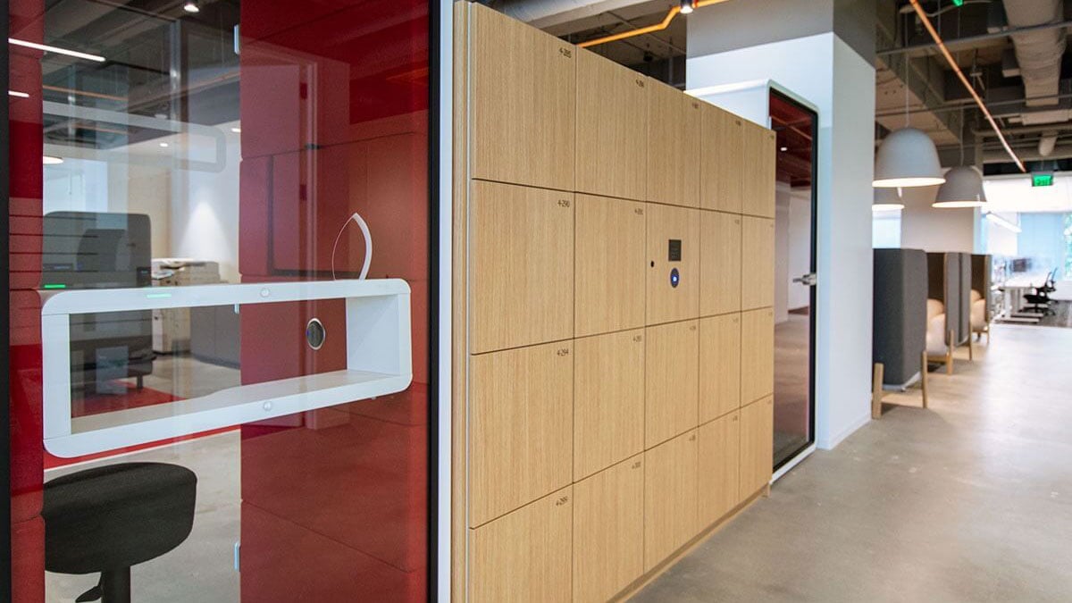 Wooden Finish Smart Lockers in Modern Open Office