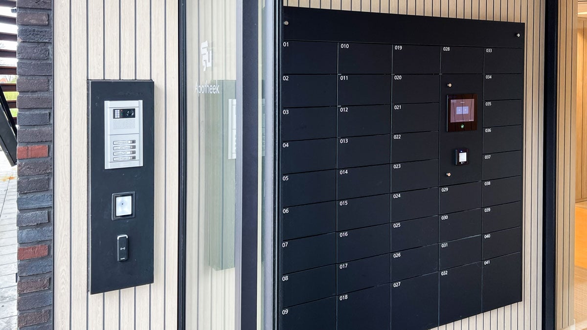 outdoor black smart lockers with touchscreen and secure access system