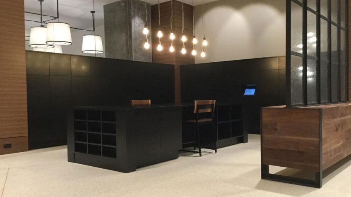 Smart parcel lockers in a contemporary apartment lobby