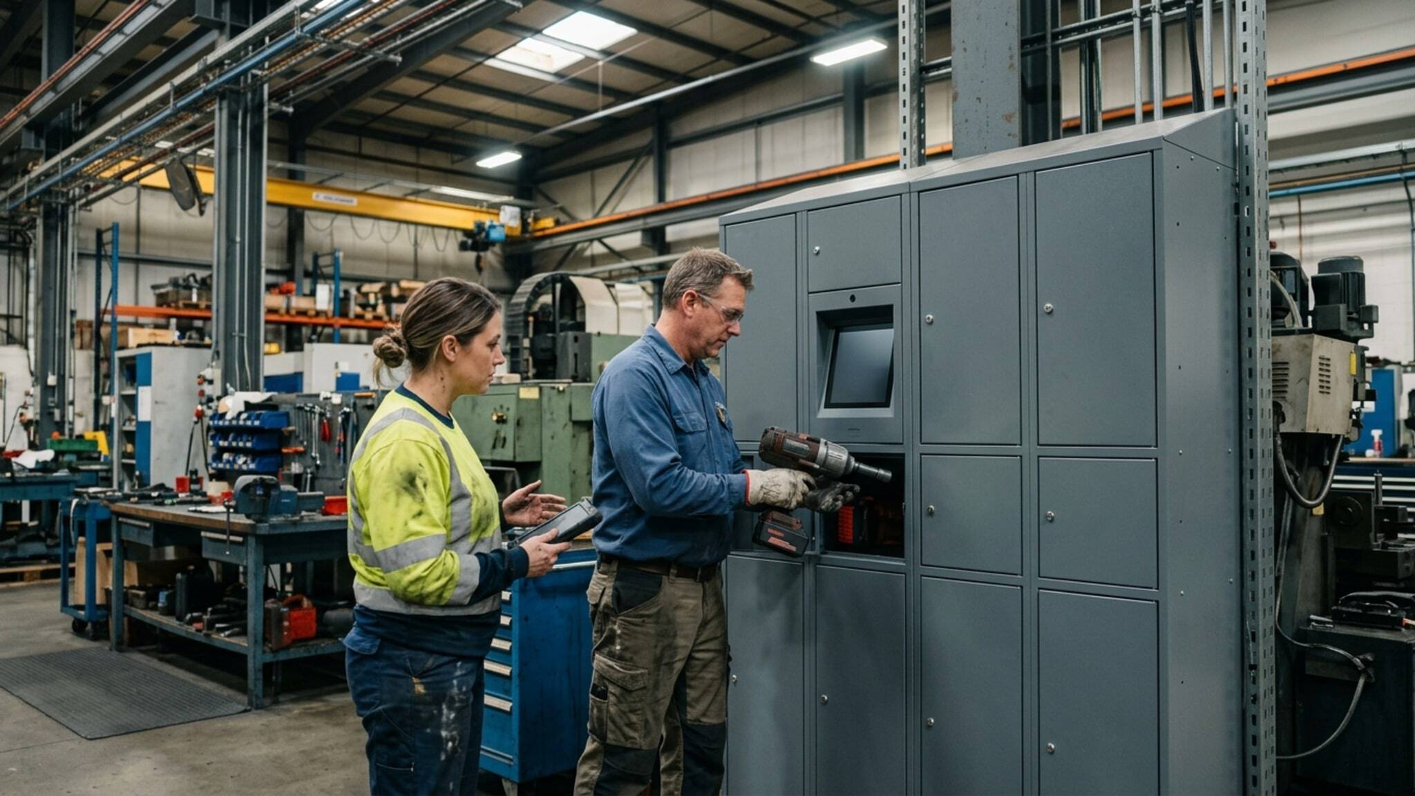 Industrial workers operating a large electrical control panel in a workshop