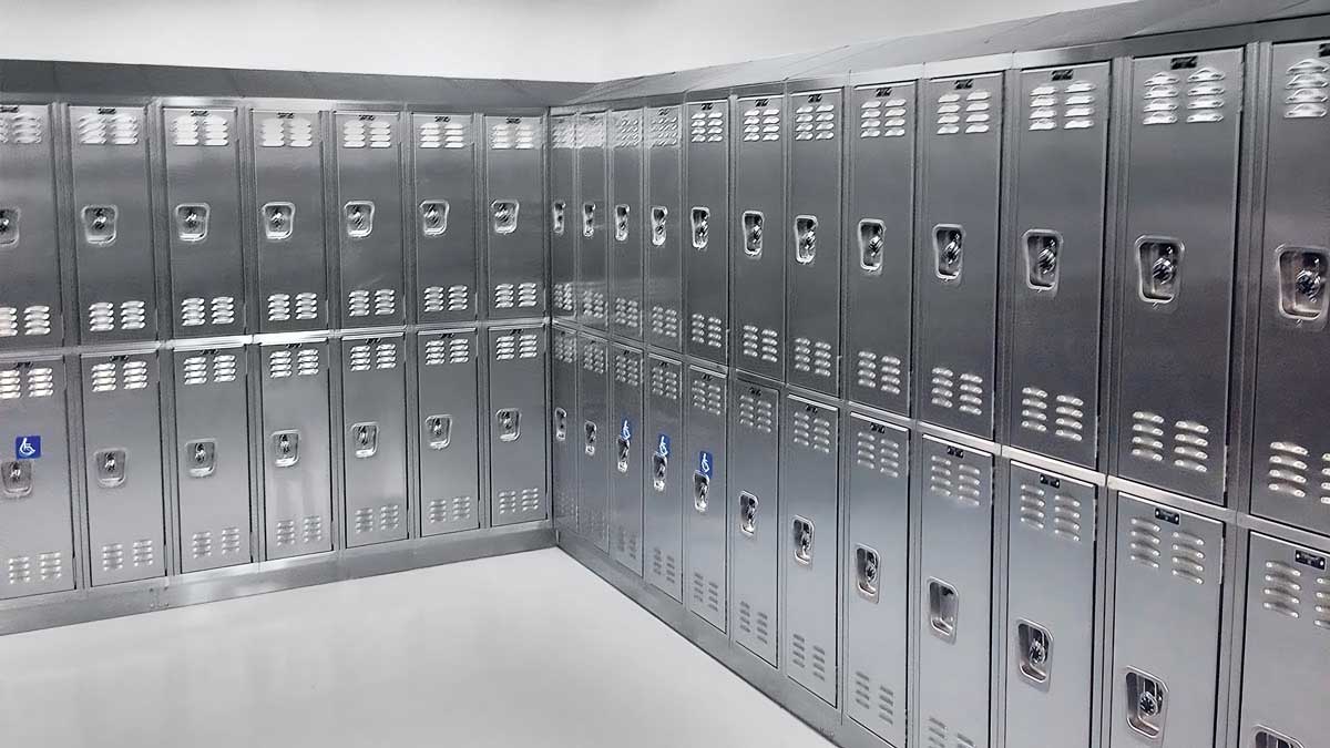 corner configured steel locker bank providing secure storage for multiple users in communal facility 
