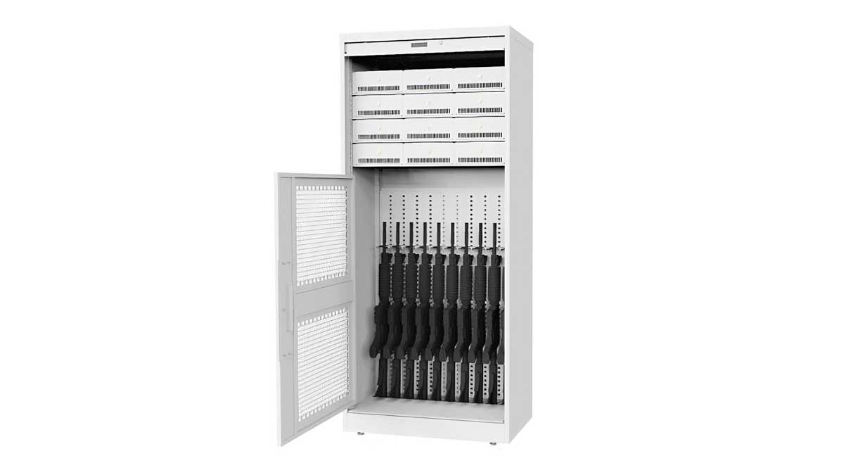 Rifle storage cabinet with secure locking for law enforcement