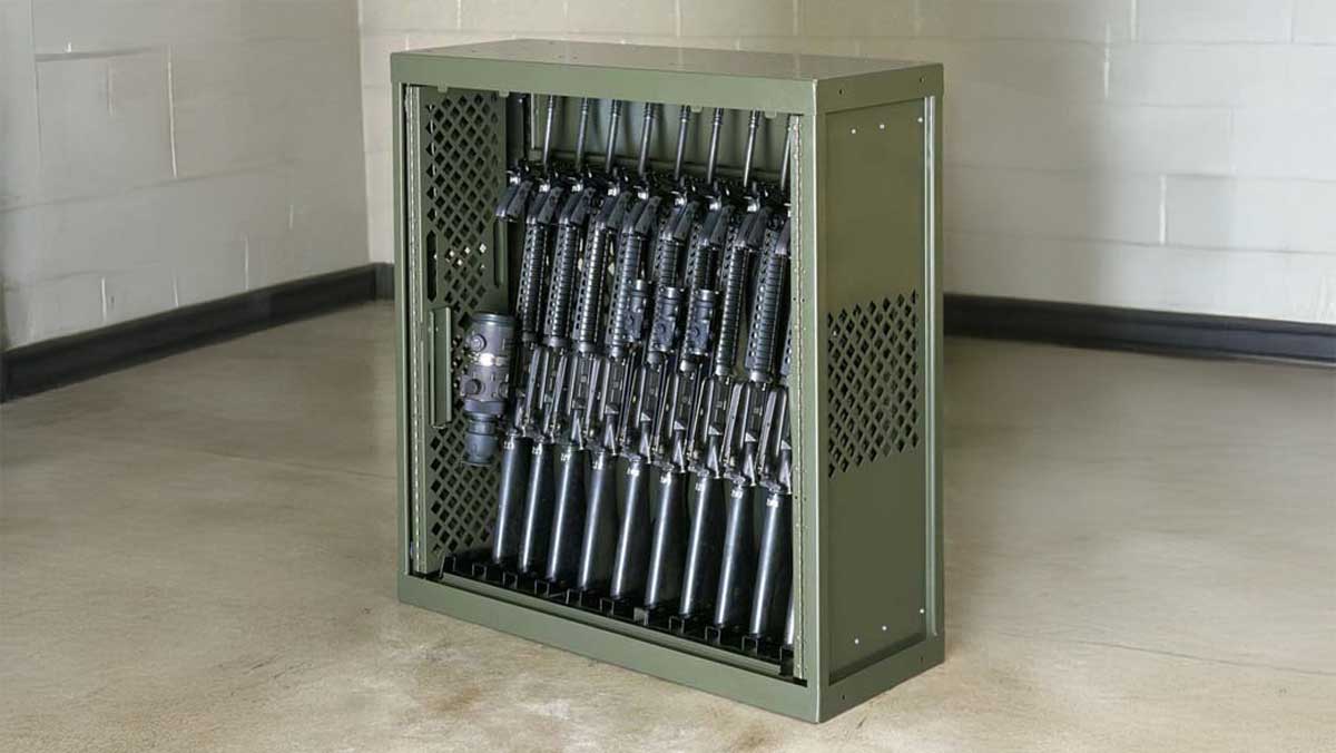 Green military-style locker with vertical storage slots for M16 rifles and gear