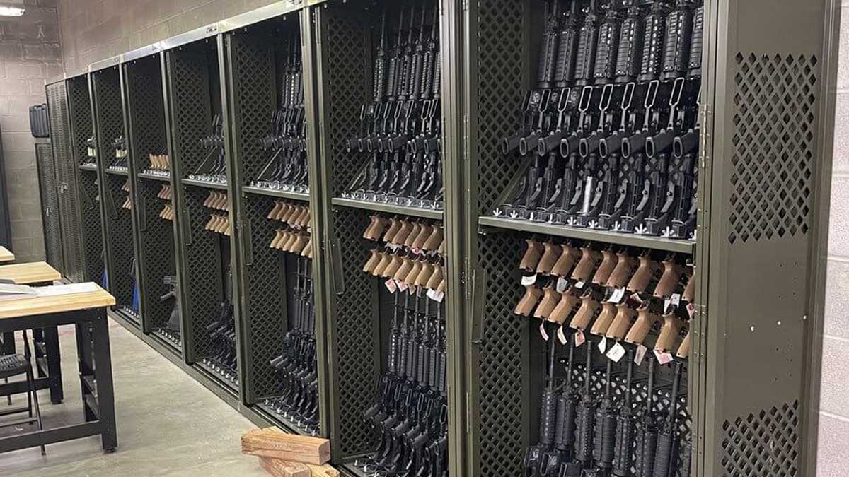 Heavy-duty rifle storage lockers used in a military armory for organizing and securing firearms