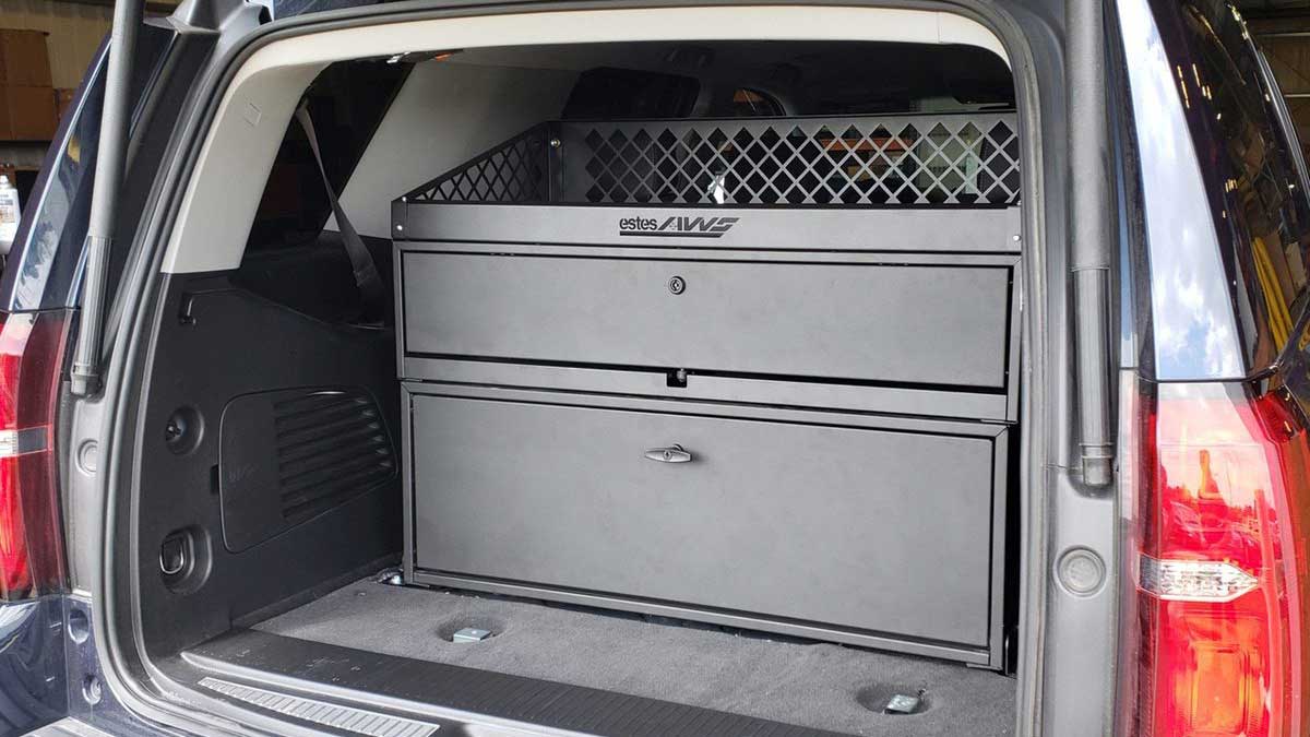 Secure vehicle-mounted weapon locker with dual-drawer storage system for law enforcement SUVs