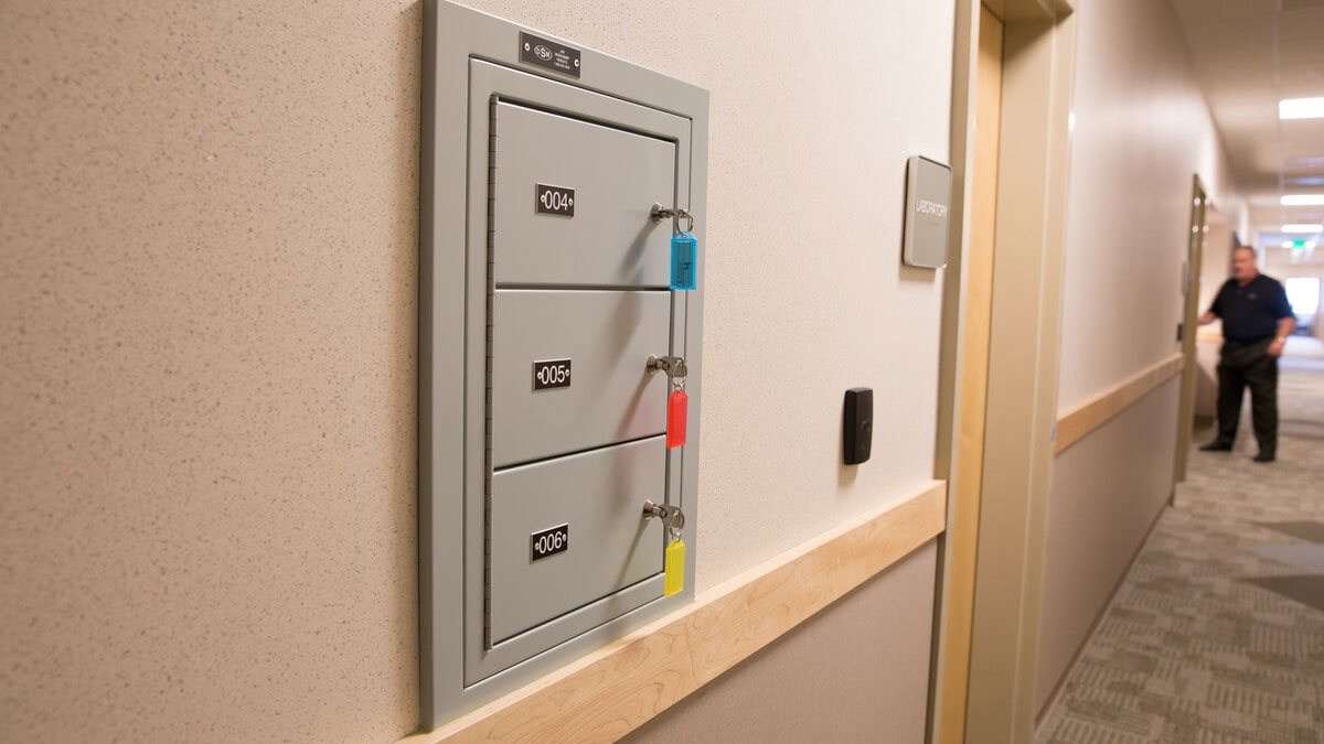 Pistol storage lockers recessed into the wall of a secure corrections facility.