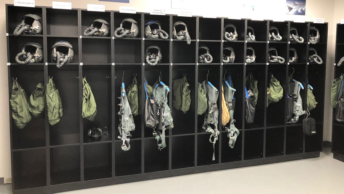 Air force pilot lockers for helmet and flight gear organization