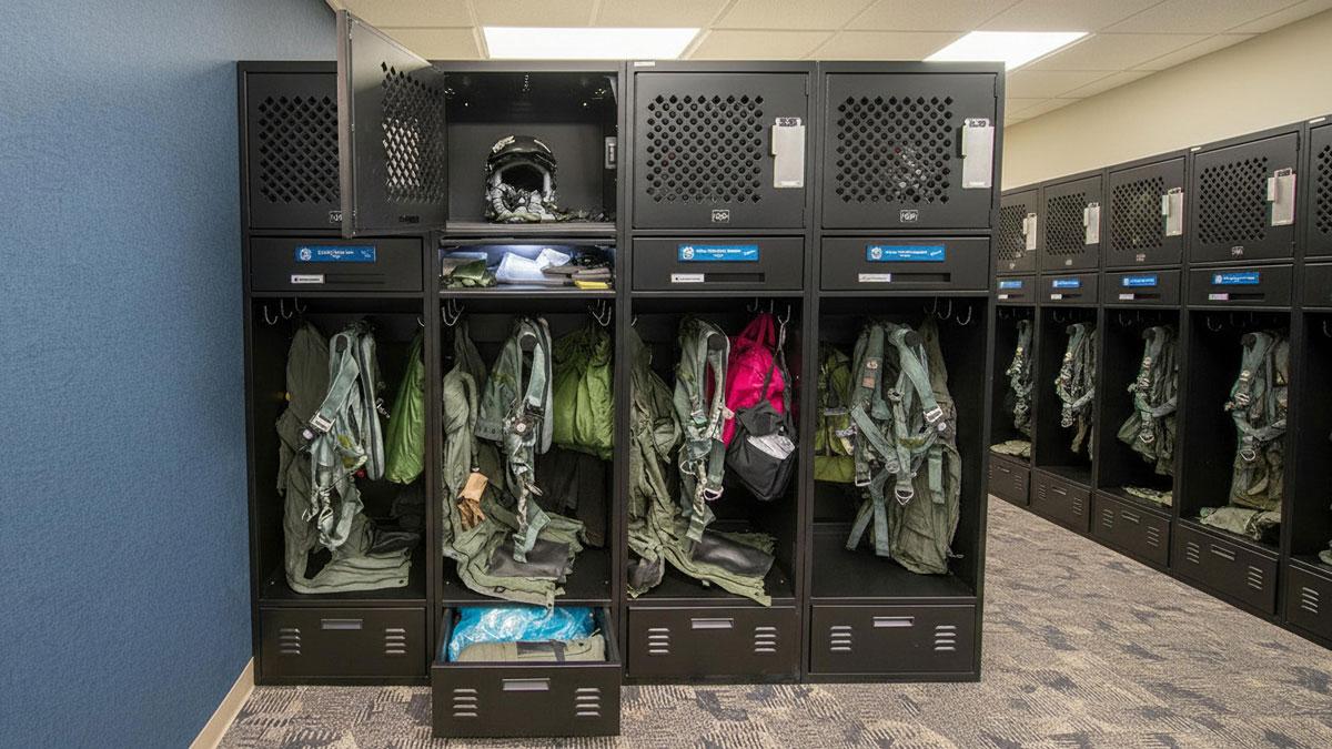 Custom air force pilot lockers for organized flight gear storage