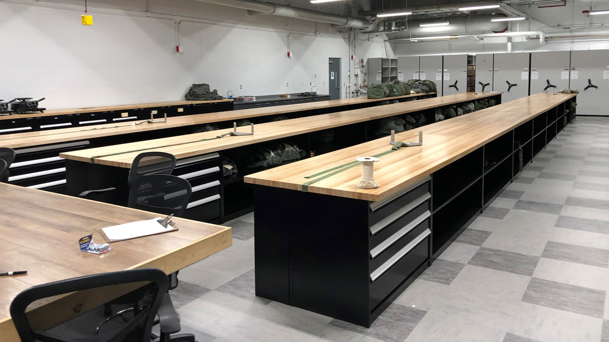 Gear packing workstation storage room for equipment layout and organization