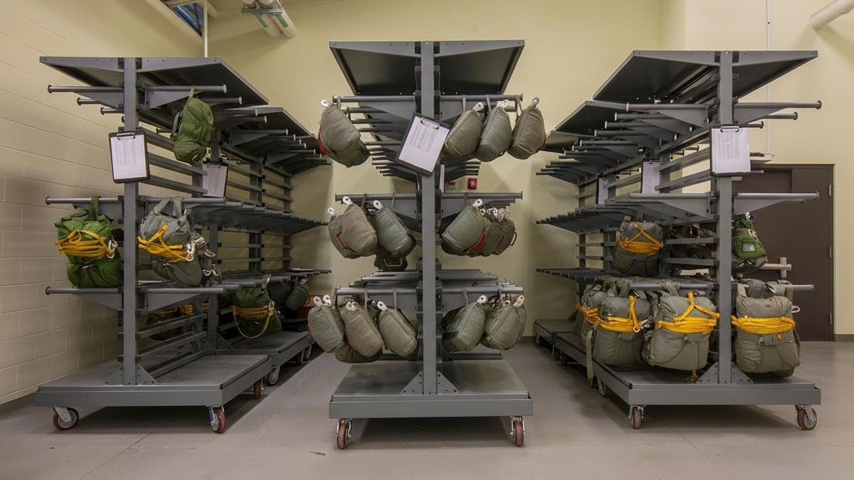 Parachute storage racks air force for organized packed canopy handling