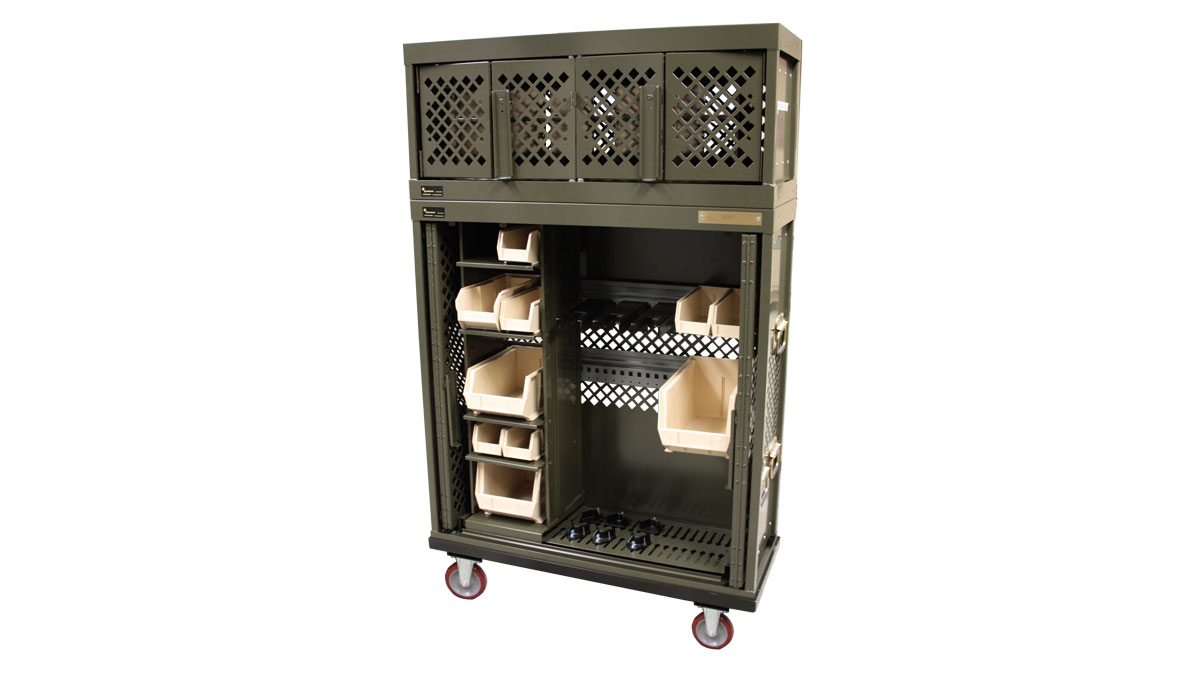 Universal weapons rack carts for mobile secured equipment and accessory storage