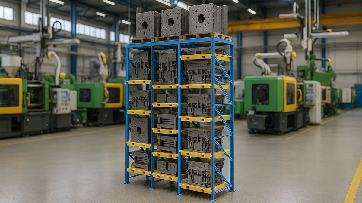 industrial racking system for mold storage in military manufacturing facility