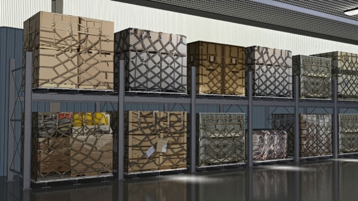 military ISU storage racks with palletized containers for secure warehouse organization