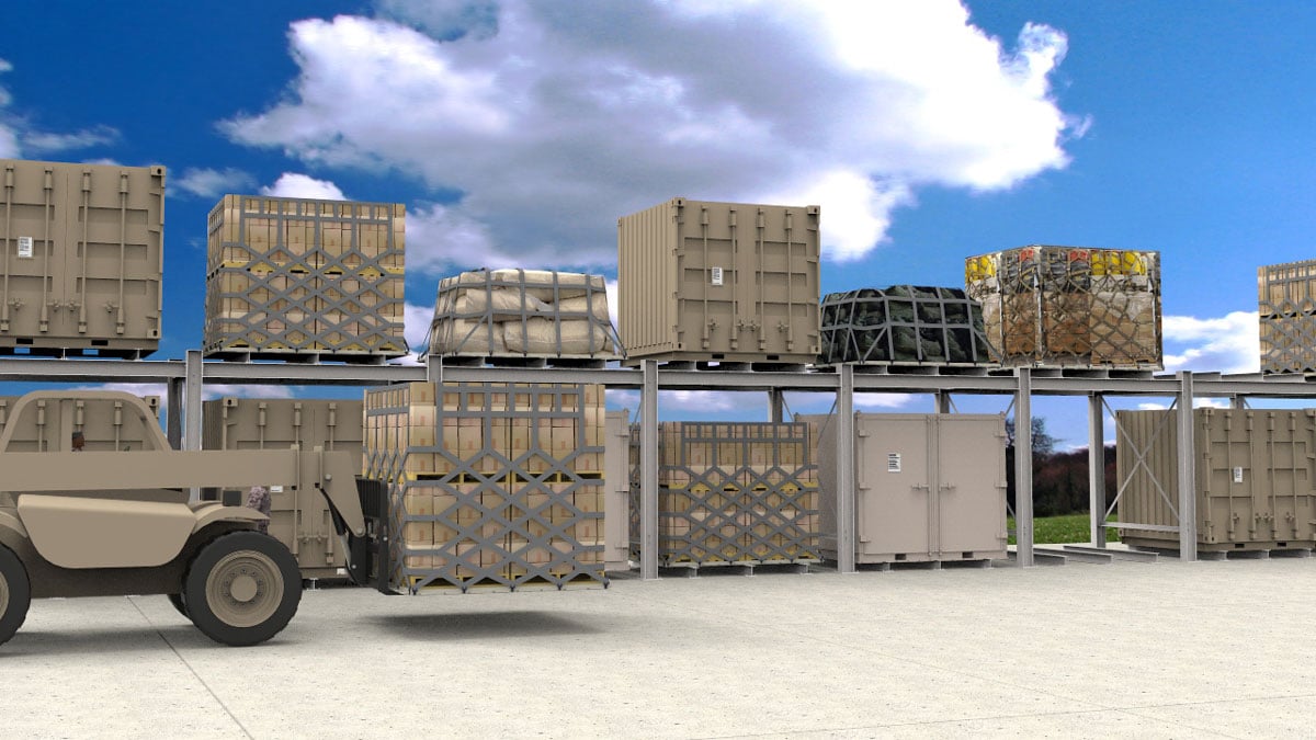 outdoor cargo rack system for military storage with forklift loading support