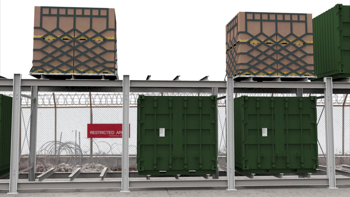 secure military cargo racks in restricted area for controlled supply management