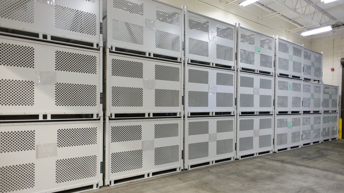 stackable steel pallet containers vented panels warehouse storage for high density material handling improved airflow and floor space savings