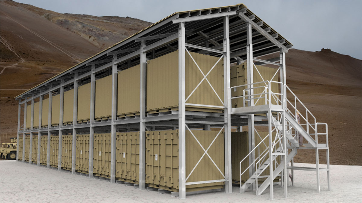 tactical container rack system for military bases with secure supply storage