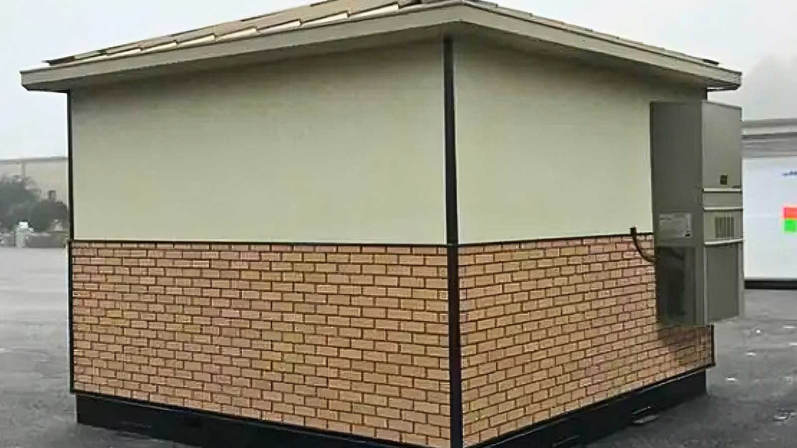 modular bathroom building with brick effect panel cladding and pitched roof for outdoor installation
