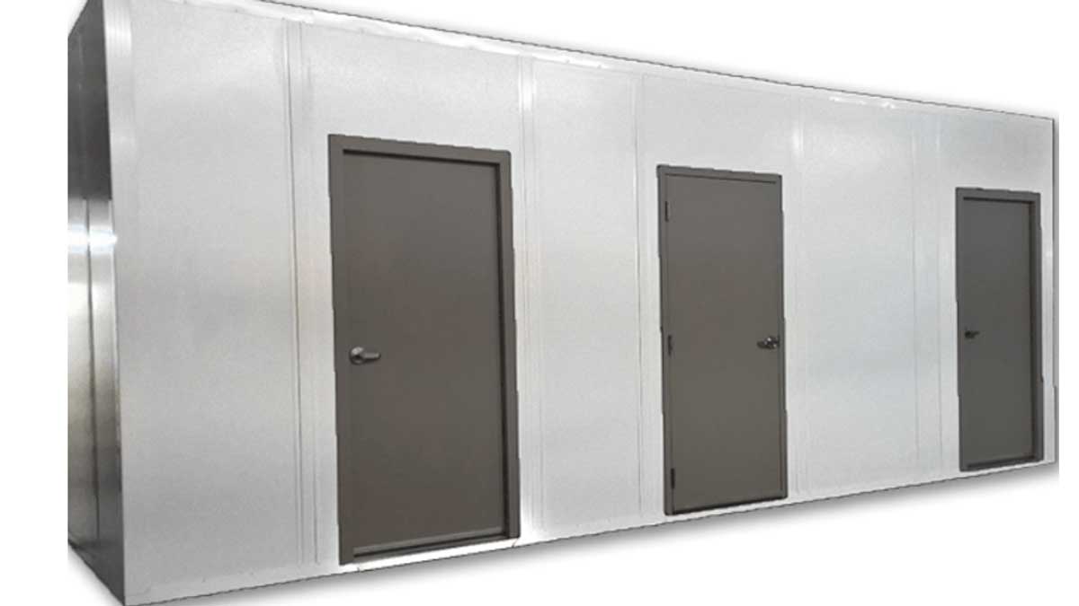 prefabricated modular restroom pod with multiple stall doors