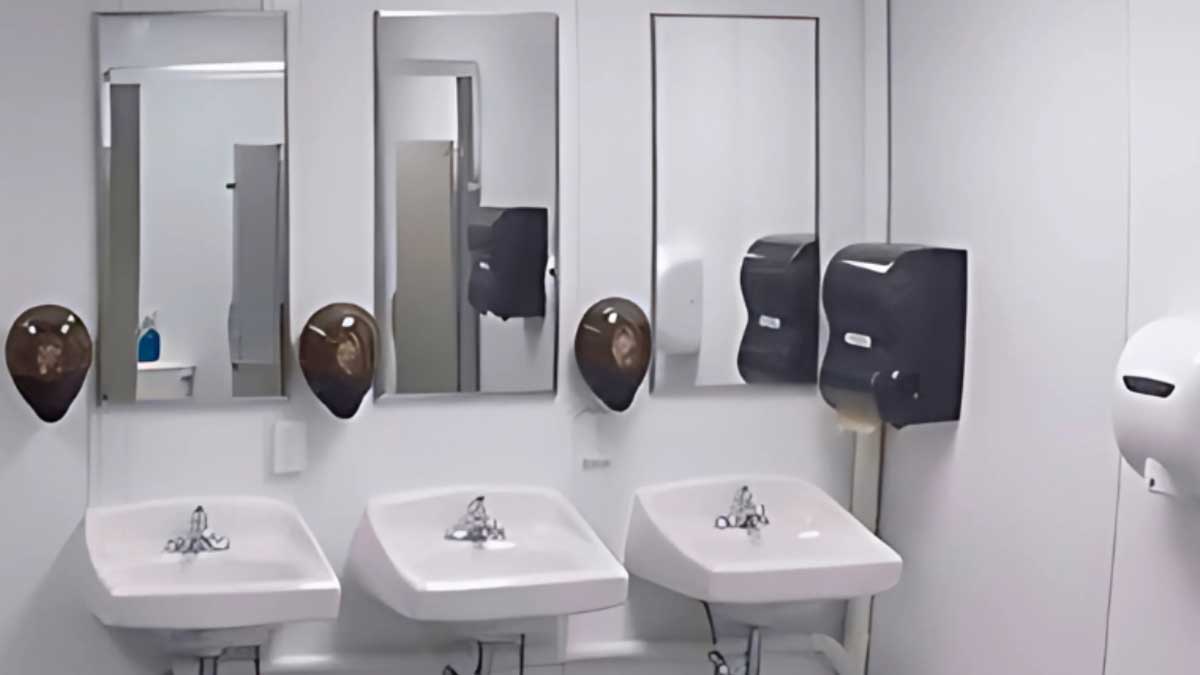 three wall-mounted sinks each with mirror and soap dispenser in prefabricated restroom