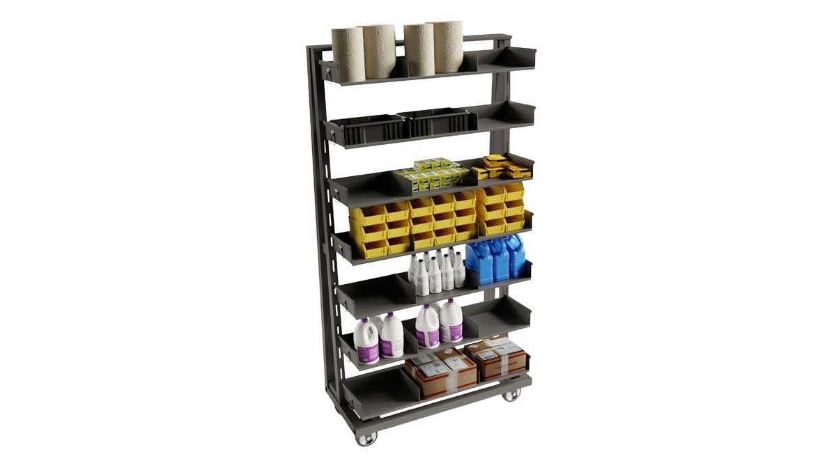 Mobile storage cart with removable trays for organizing industrial supplies