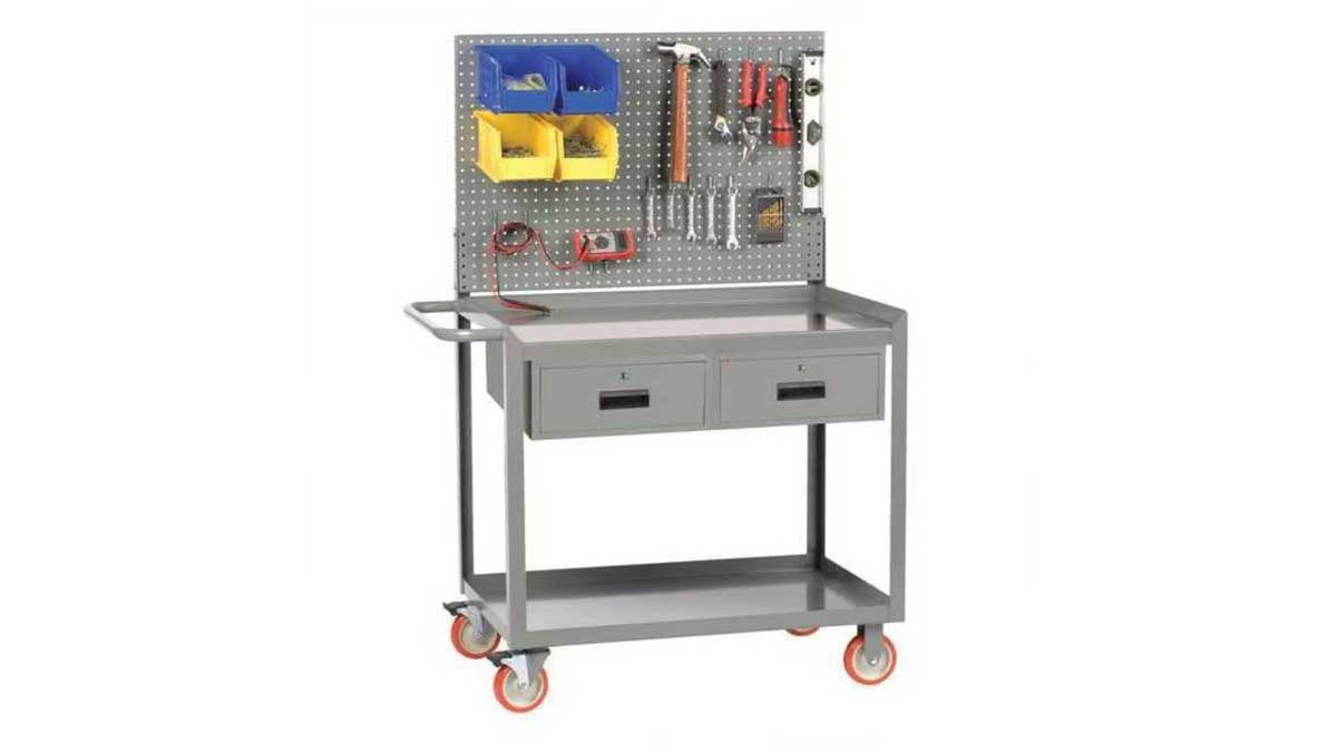 heavy-duty shelving cart with bins and containers for storing maintenance and janitorial supplies