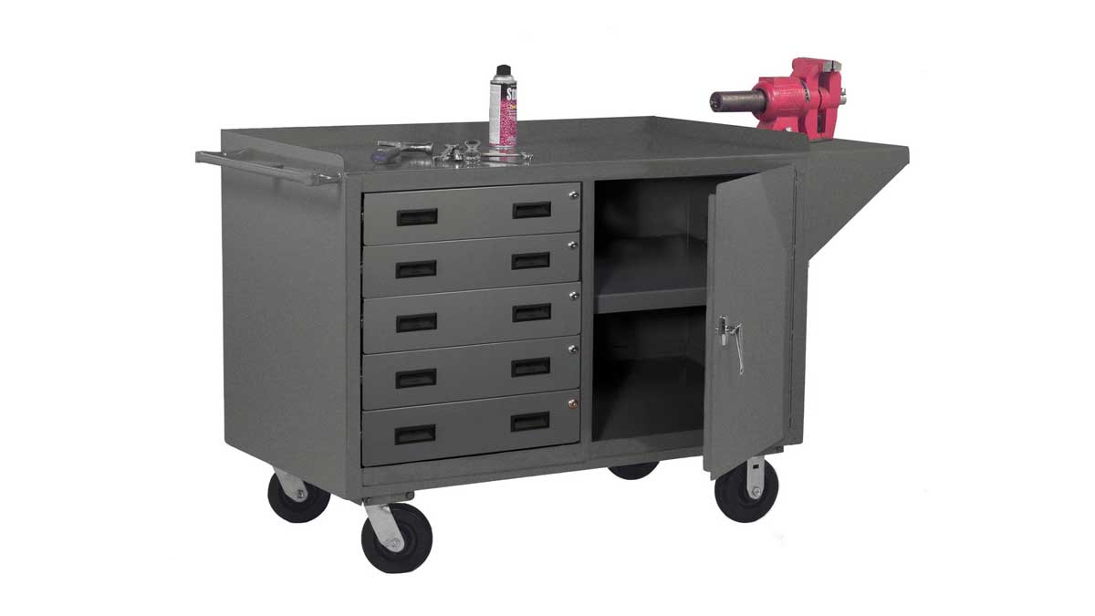 mobile workbench cart with multiple drawers and cabinet space for industrial tool storage and transport