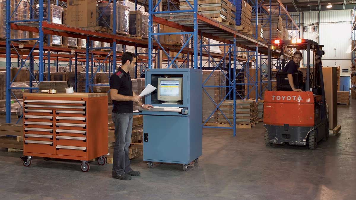 industrial rolling computer cart with locking wheels for warehouse data access and workstation mobility