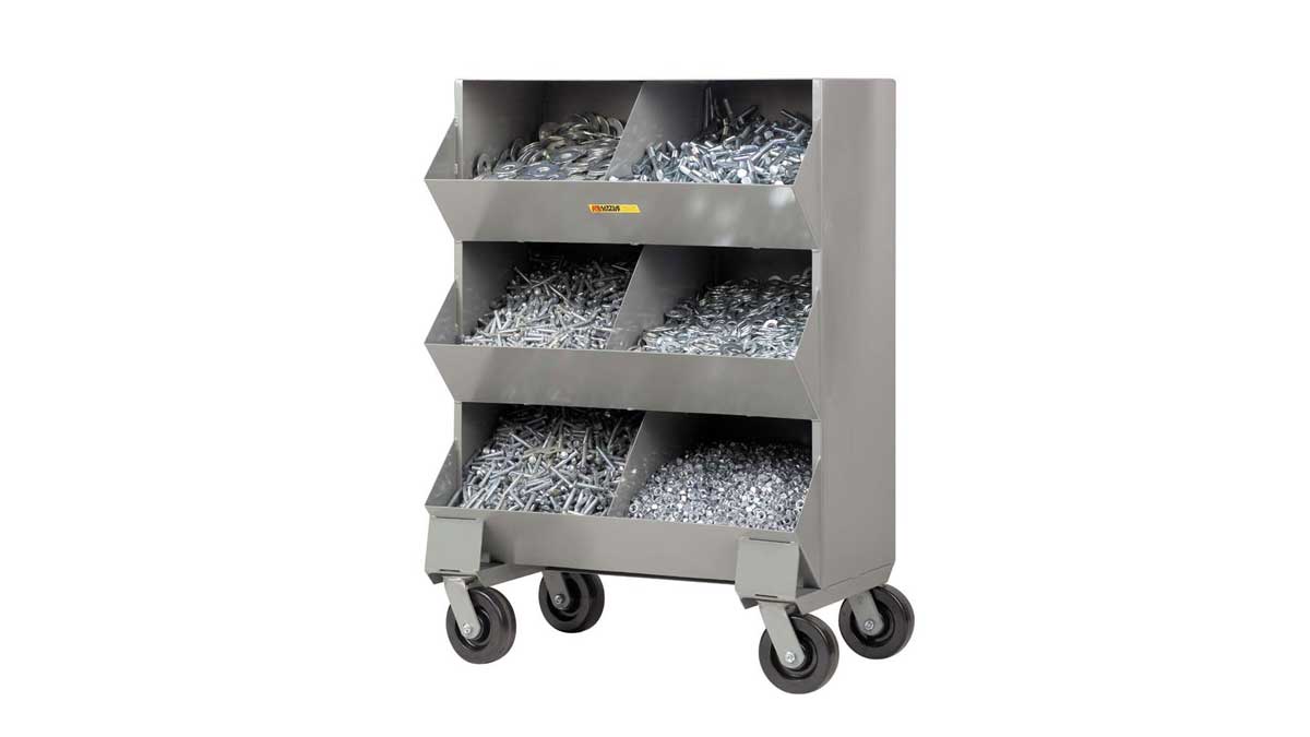 rolling storage cart with slanted metal bins for organizing small parts and hardware in industrial environments
