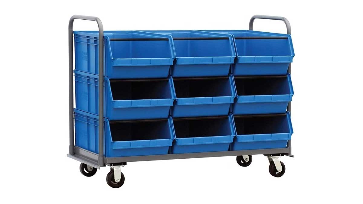Mobile bin cart with stackable containers for parts and classroom lab materials