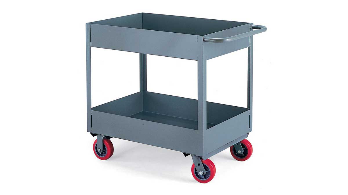 two-shelf steel utility cart with deep trays and casters for transporting tools and materials in industrial settings