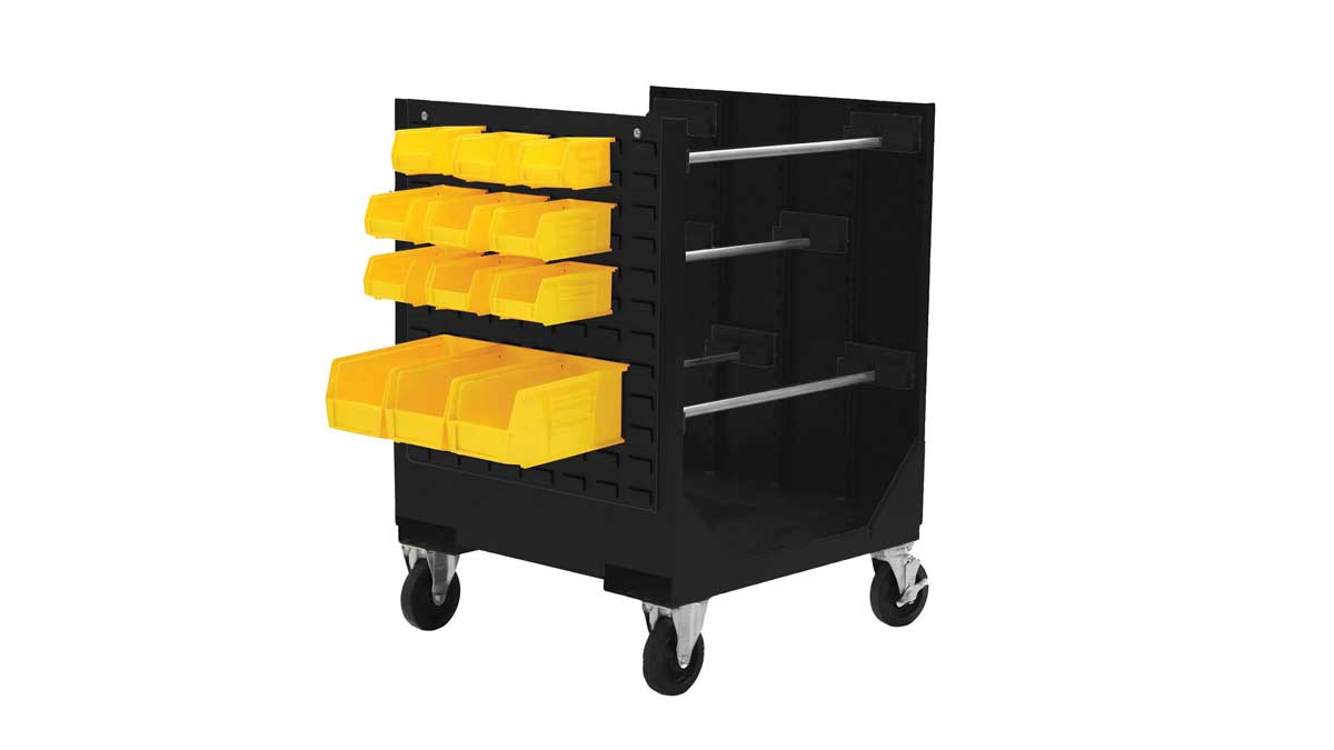 industrial wire spool cart with side rails and bin panel for organizing and dispensing cable or tubing