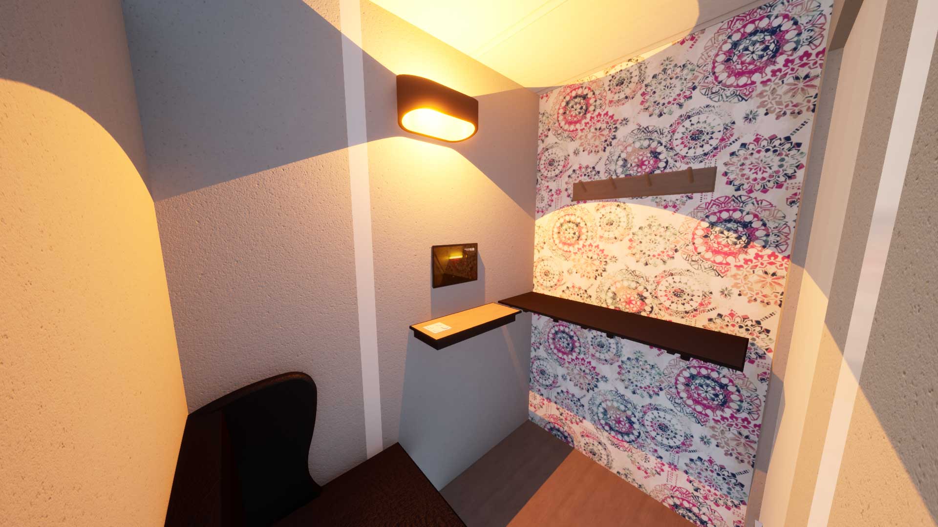 rendered interior of lactation pod featuring fold-down shelf and seating area for nursing and pumping
