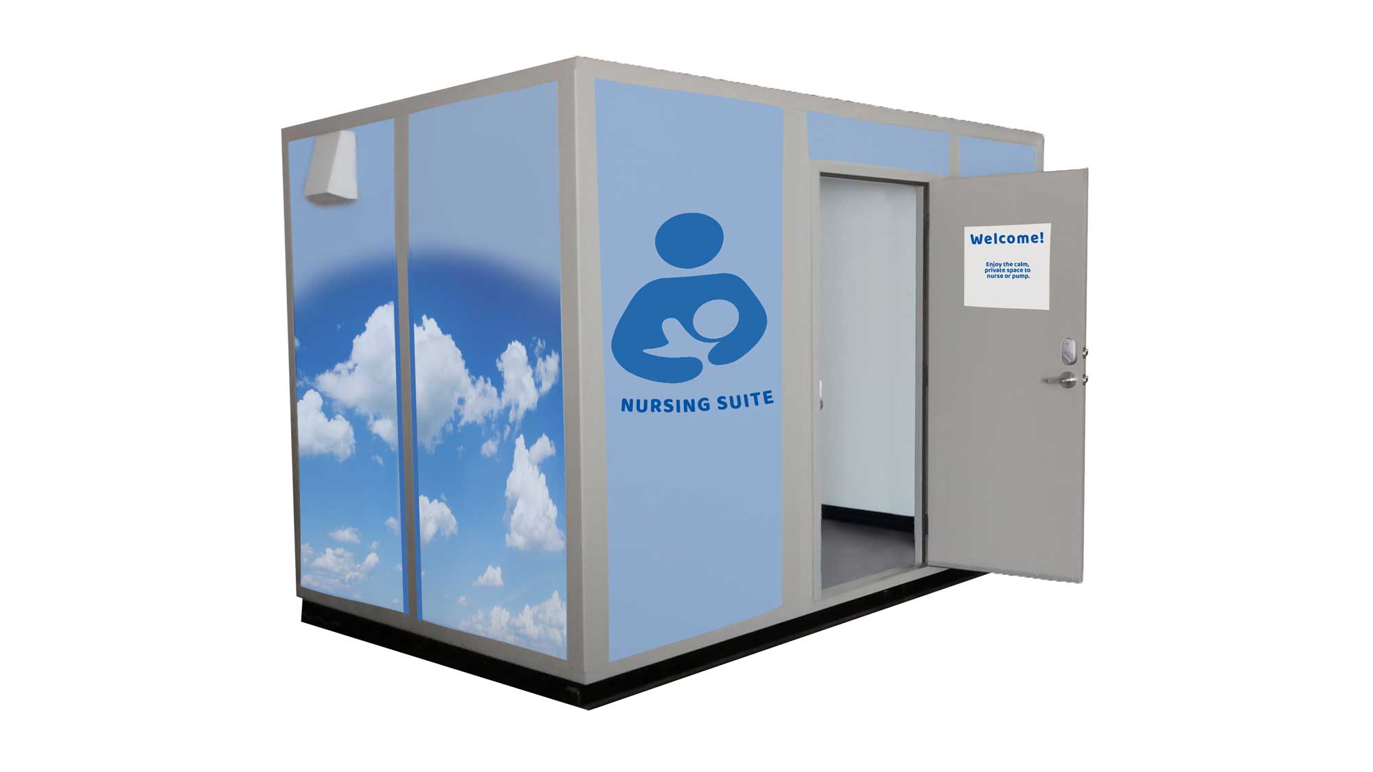 modular nursing suite exterior with graphic panels, signage, and entrance door for private breastfeeding space