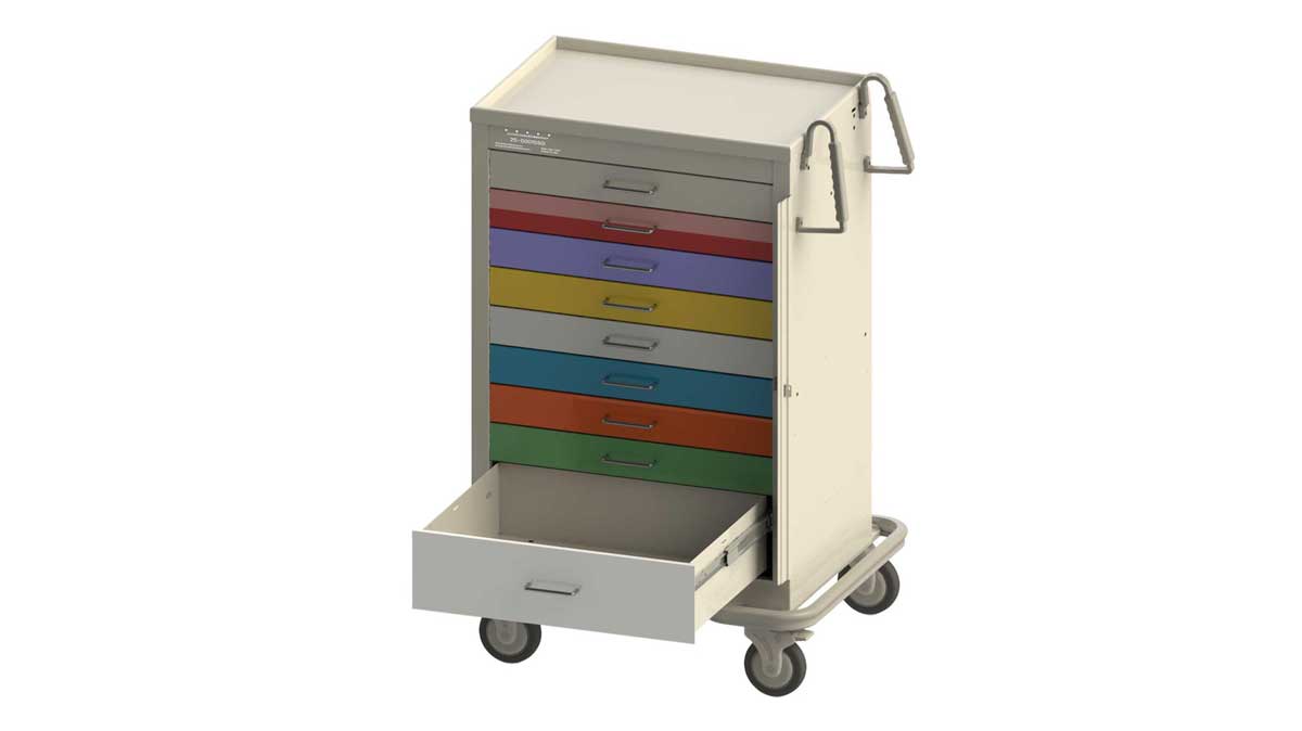Mobile medical storage cart with bins and sliding panels