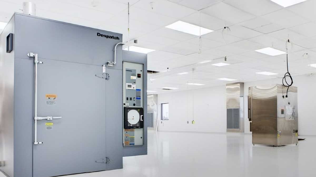 laboratory cleanroom interior showing sealed door opening and specialized equipment stations