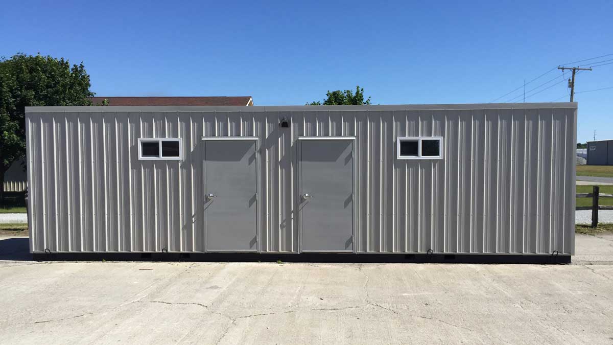 Preassembled modular building at an active construction site